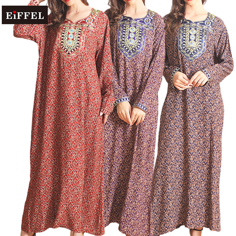 classic long sleeve dresses maxi arabic kaftan Embroidered patch Long dress 