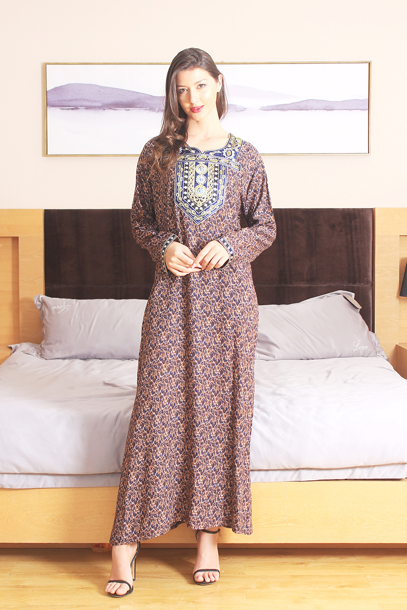 classic long sleeve dresses maxi arabic kaftan Embroidered patch Long dress 