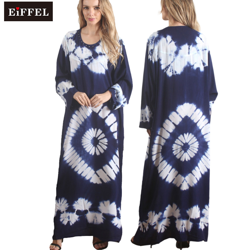 Dubai Arabic Islamic Clothing Embroidery Muslim Maxi Dress woman Abaya with tie-dyed rayon 