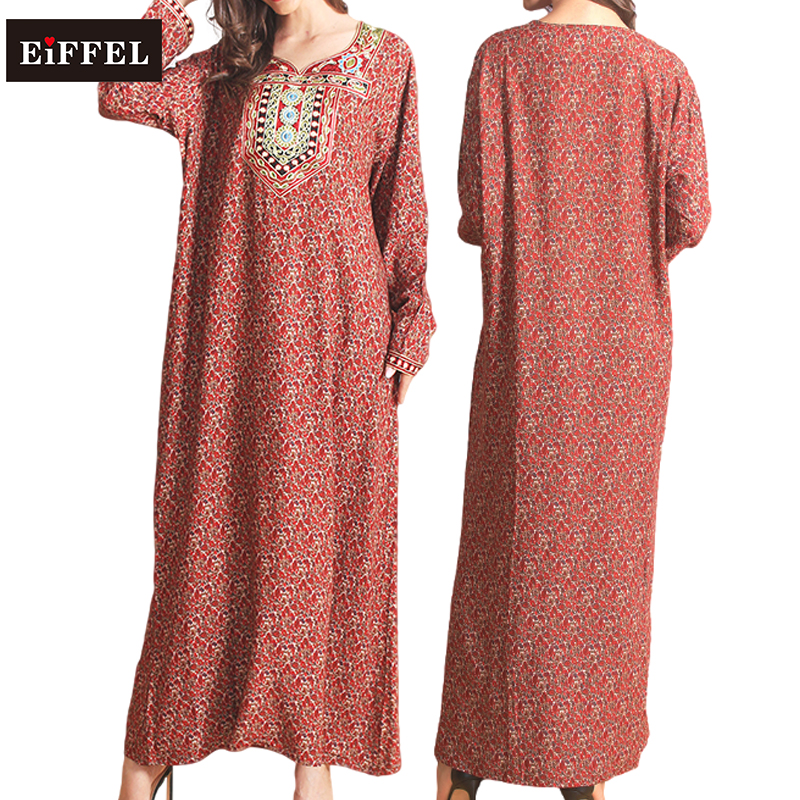 classic long sleeve dresses maxi arabic kaftan Embroidered patch Long dress 