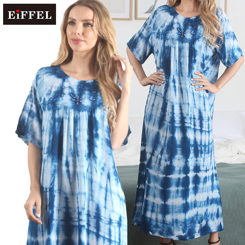 Long dress embroidered with tie-dyed rayon wholesale classic vintage short sleeve arabic women