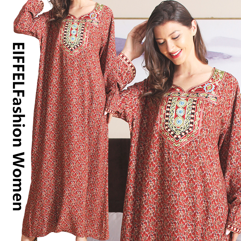 Klassische Langarm -Kleider Maxi Arabisch Kaftan Sticked Patch Long Kleid 