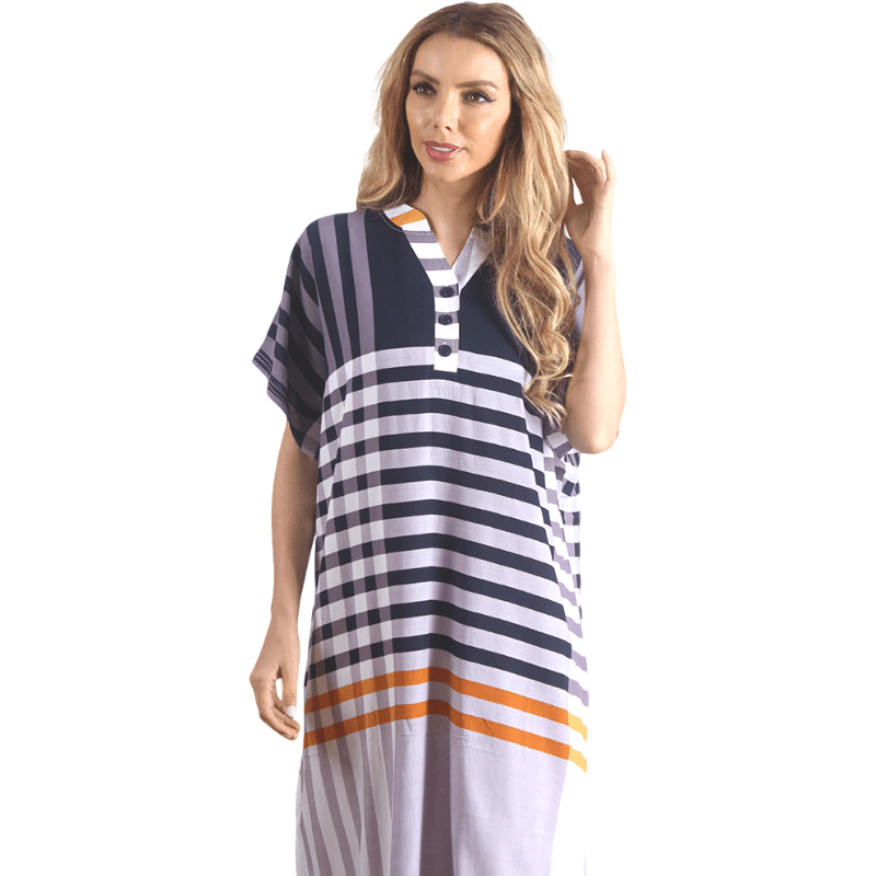 Blue Striped Button V Neck Short Sleeve Long Nightdress