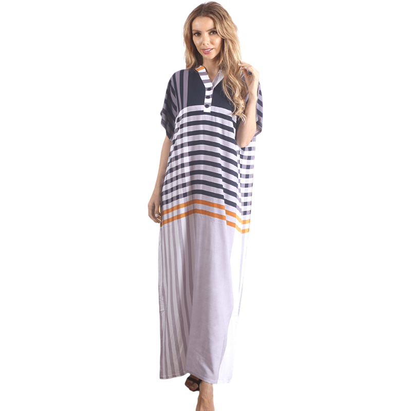 Blue Striped Button V Neck Short Sleeve Long Nightdress