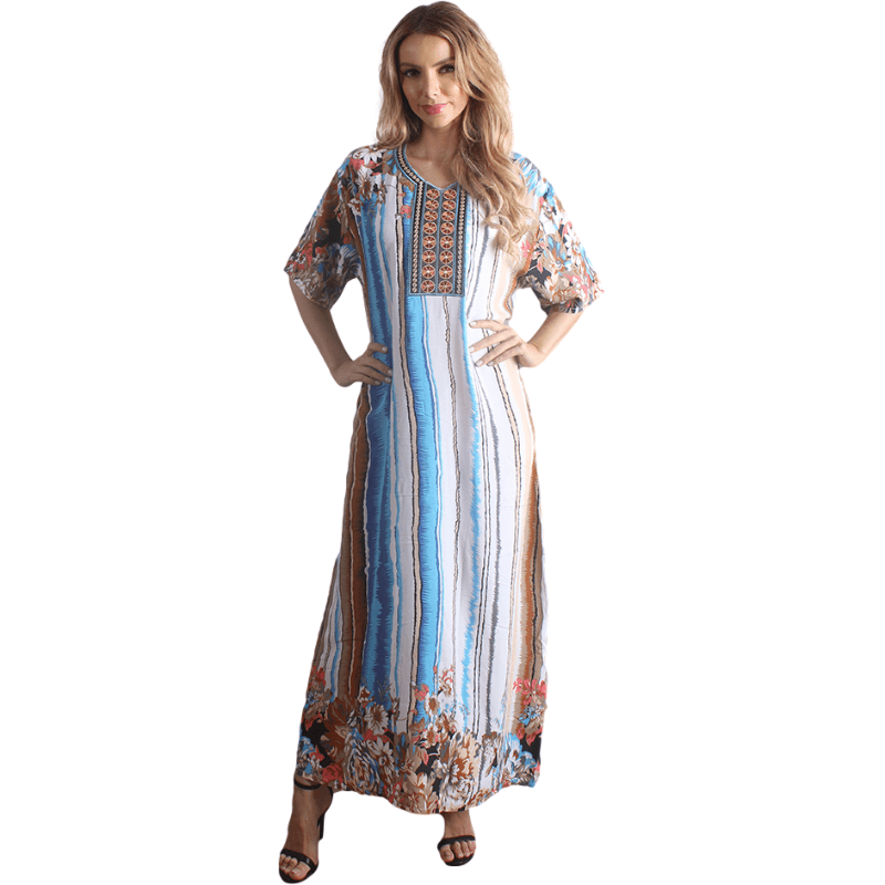 Colorful Striped Printed Short Sleeve Caftan