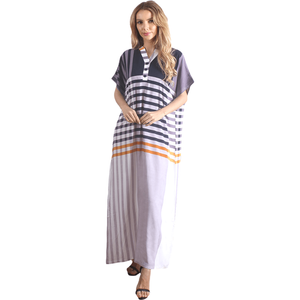 Blue Striped Button V Neck Short Sleeve Long Nightdress