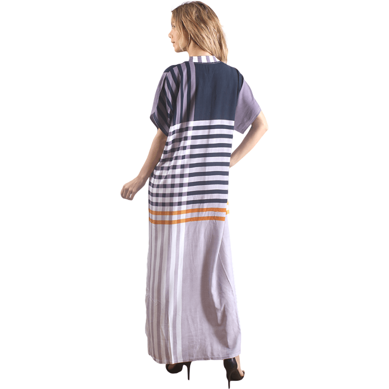 Blue Striped Button V Neck Short Sleeve Long Nightdress