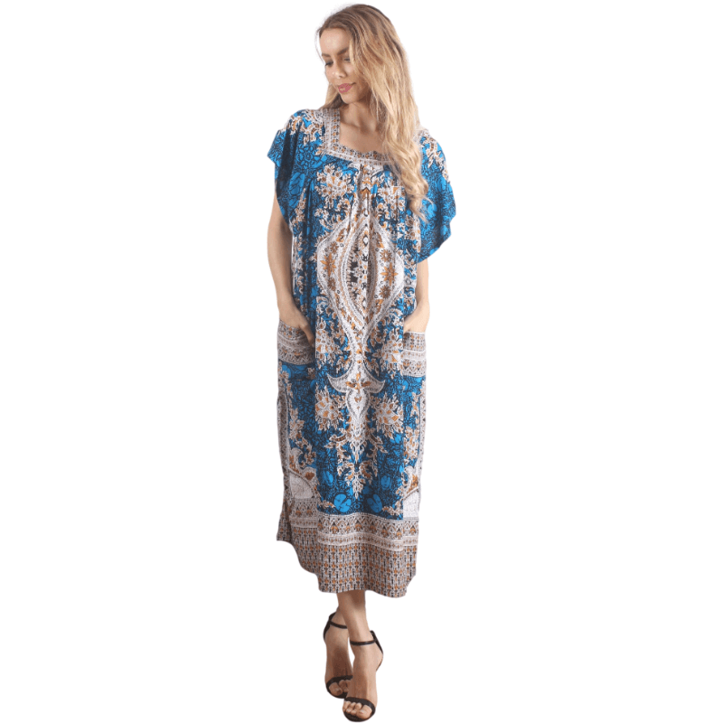 Blue Vintage Print Casual Caftan