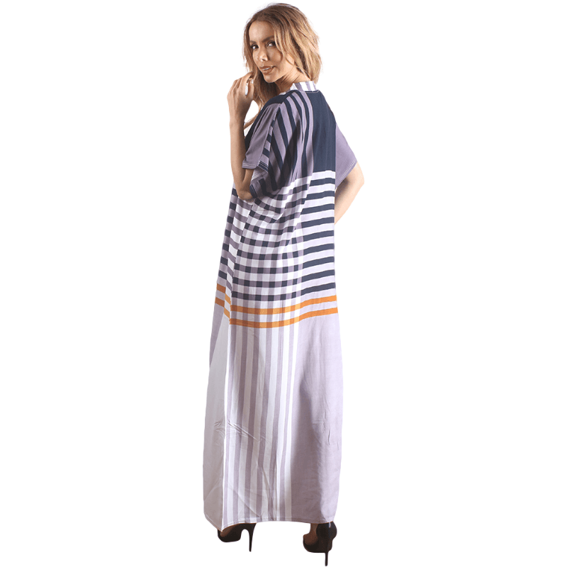 Blue Striped Button V Neck Short Sleeve Long Nightdress