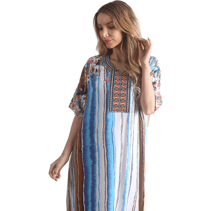 Colorful Striped Printed Short Sleeve Caftan