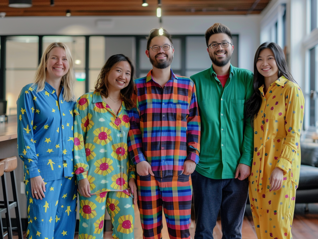 Tech startup employees enjoying custom sleepwear