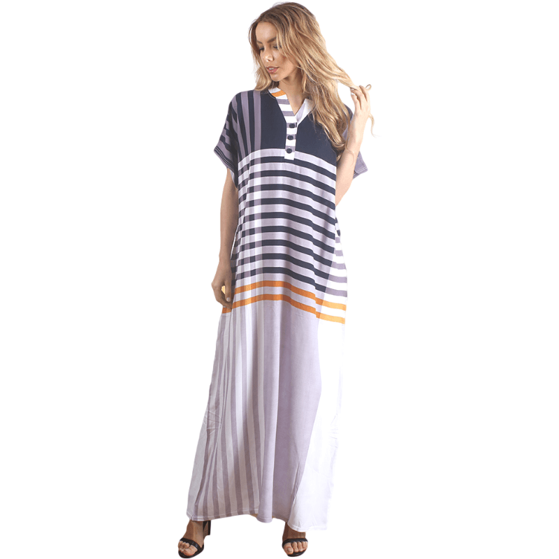 Blue Striped Button V Neck Short Sleeve Long Nightdress