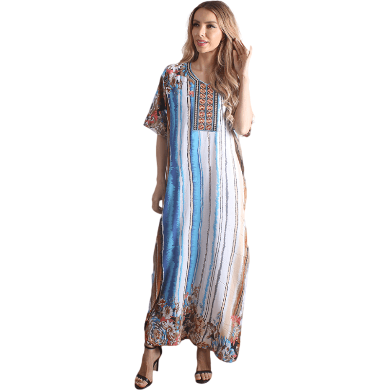 Colorful Striped Printed Short Sleeve Caftan